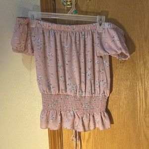 off the shoulder top with a flowy bottom and sinched waist